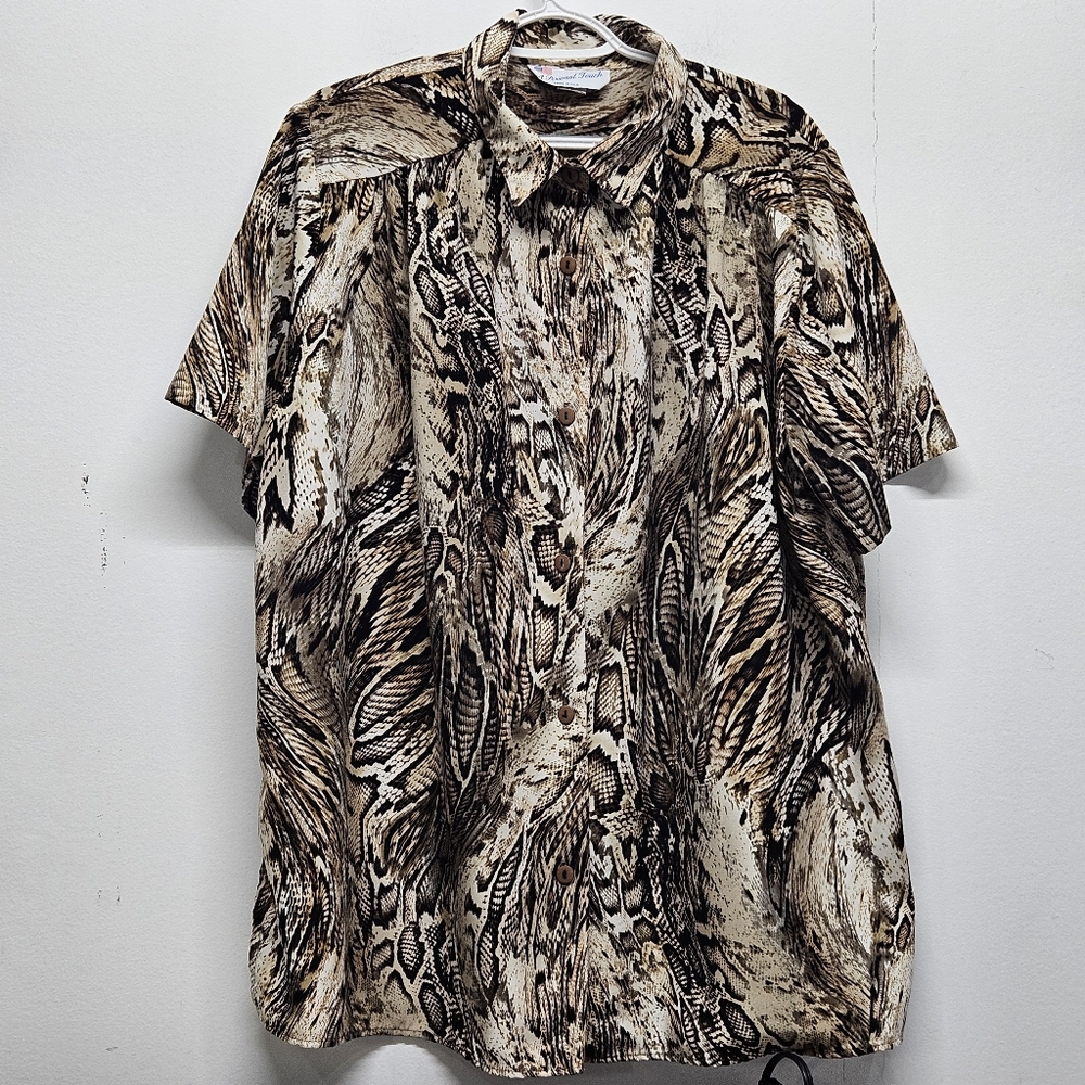 Vintage Feather Snake Print Button Front Shirt Short Sleeve Plus 1X Retro 90s
